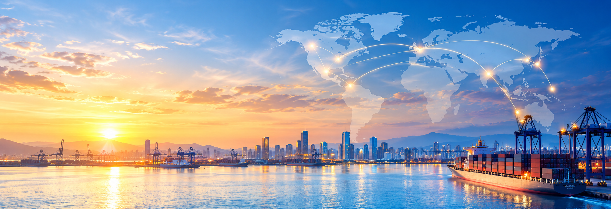 International container port at sunset representing global trade